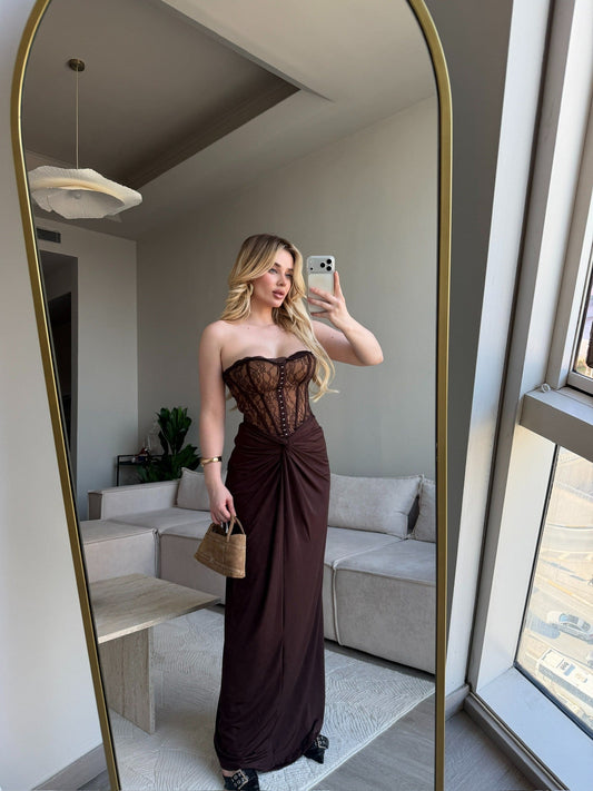 Mocha Lace Corset Maxi Dress