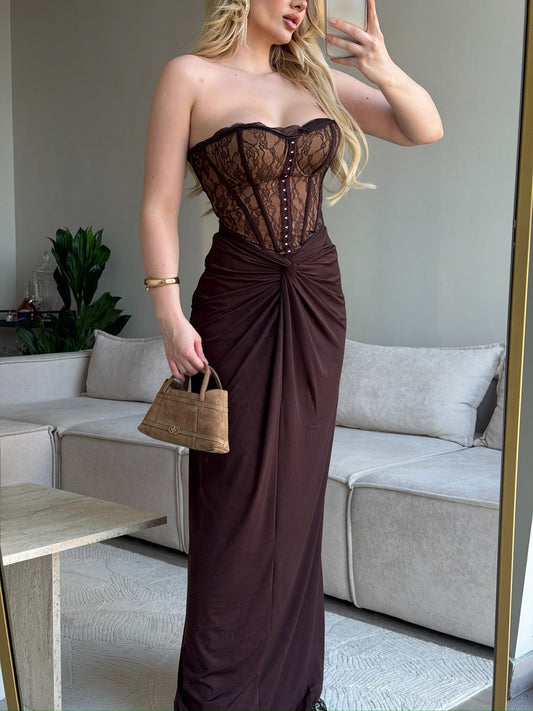 Mocha Lace Corset Maxi Dress