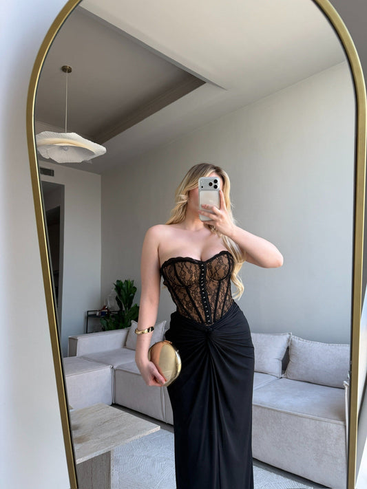 Mocha Lace Corset Maxi Dress
