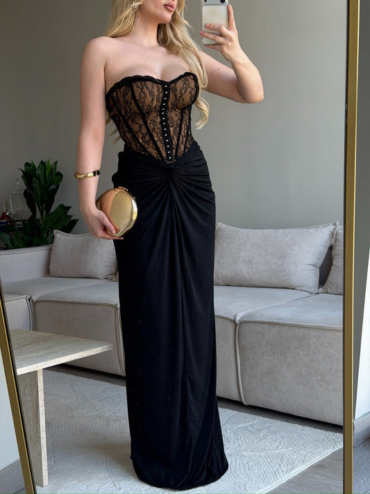 Mocha Lace Corset Maxi Dress