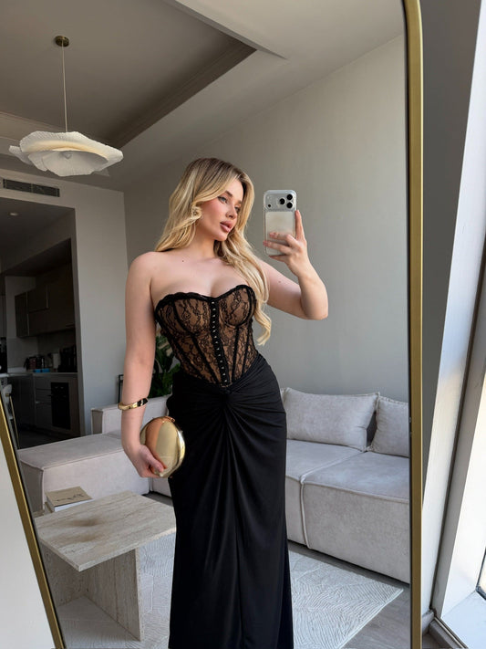 Mocha Lace Corset Maxi Dress
