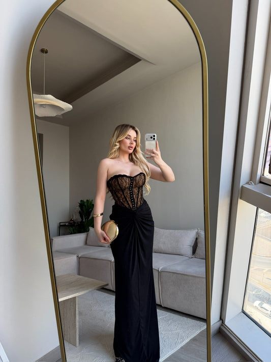 Mocha Lace Corset Maxi Dress