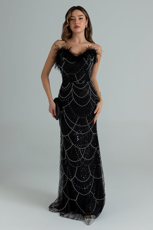 Nisan Black Stone Embellished Feather Evening Dress