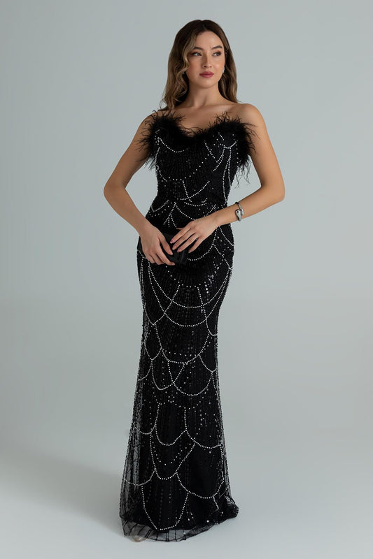 Nisan Black Stone Embellished Feather Evening Dress