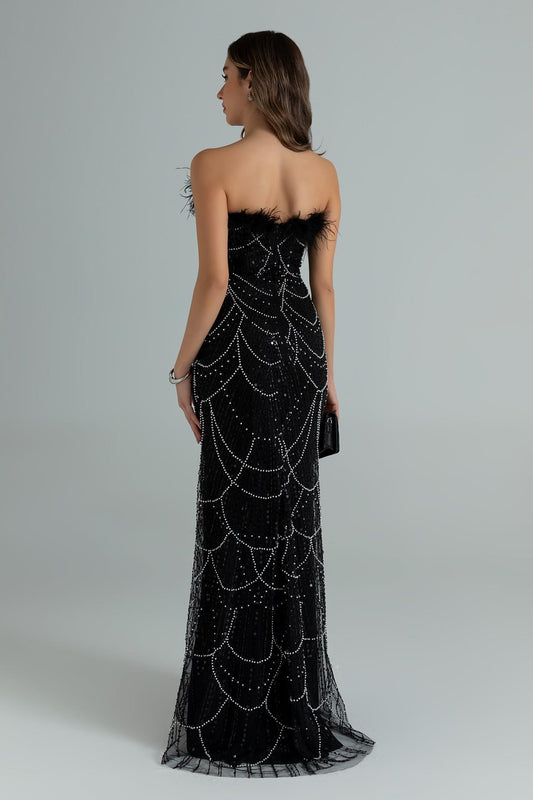 Nisan Black Stone Embellished Feather Evening Dress