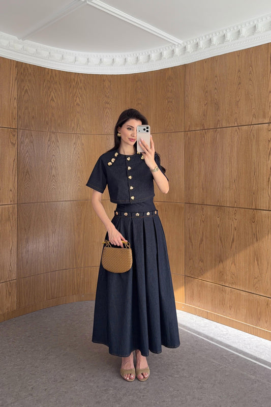 Gold Buttoned 3-Piece Designer Denim Set
