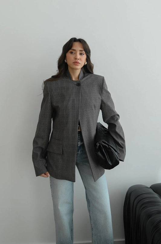 Grey Plaid Mandarin Collar Blazer