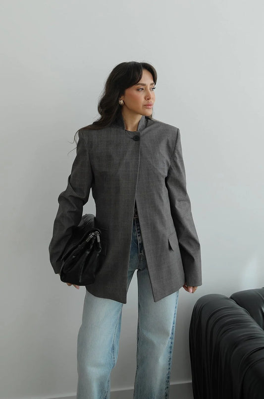 Light Grey Plaid Mandarin Collar Blazer