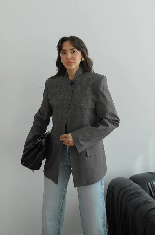 Light Grey Plaid Mandarin Collar Blazer