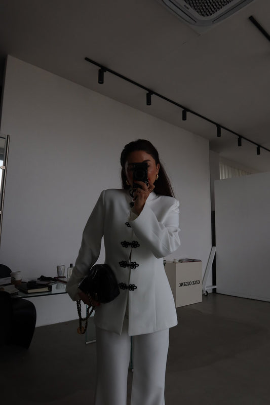 White Mandarin Collar Two-Piece Set