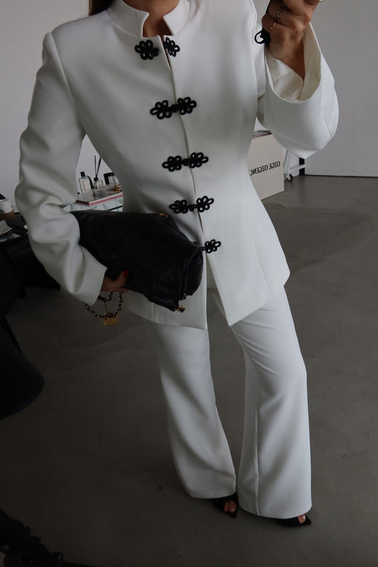 White Mandarin Collar Two-Piece Set