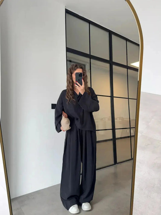 PREMIUM TENS FABRIC MINK POLO COLLAR SHIRT PALAZZO SUIT