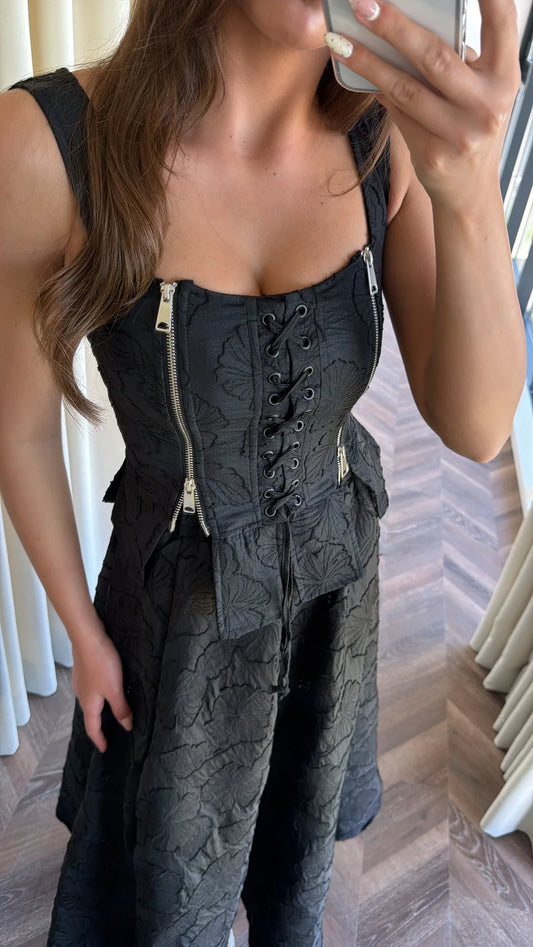 Black Sarpy Patterned Corset Set