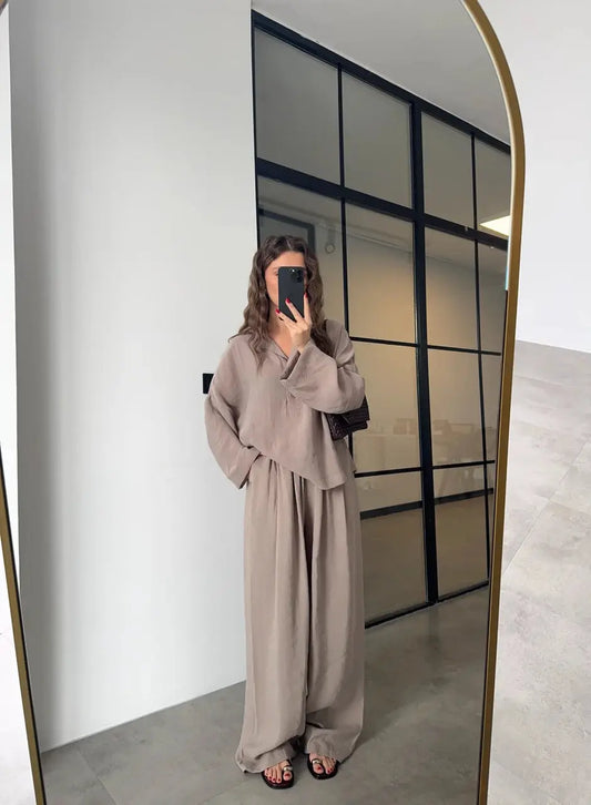 PREMIUM TENS FABRIC MINK POLO COLLAR SHIRT PALAZZO SUIT