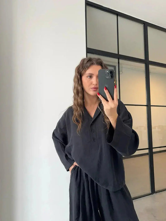 PREMIUM TENS FABRIC MINK POLO COLLAR SHIRT PALAZZO SUIT