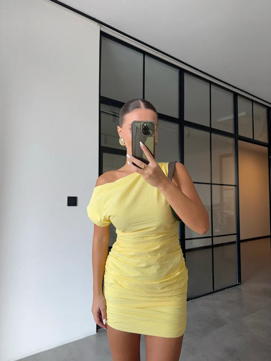 DRAPED ONE-SHOULDER DROP DRESS