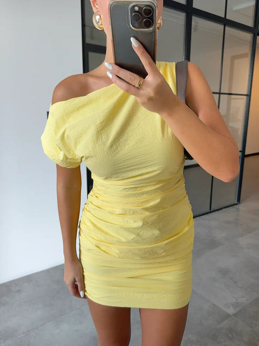 DRAPED ONE-SHOULDER DROP DRESS