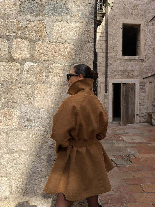 BELTED CACHET COAT WITH CAPE DETAIL JACKET