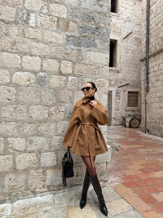 BELTED CACHET COAT WITH CAPE DETAIL JACKET