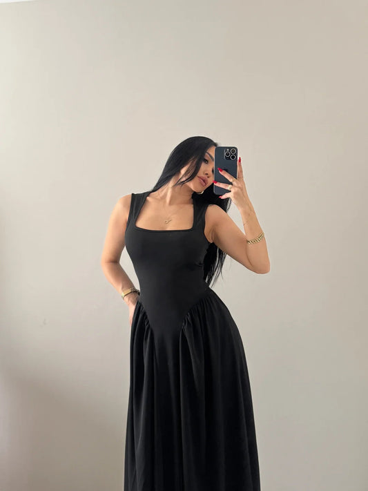 Square Neck Strap Long Dress with Waist Detail