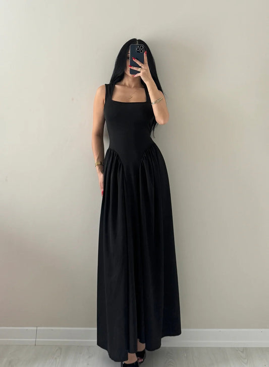 Square Neck Strap Long Dress with Waist Detail