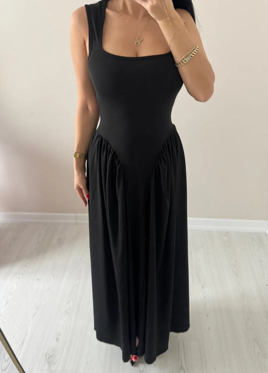 Square Neck Strap Long Dress with Waist Detail