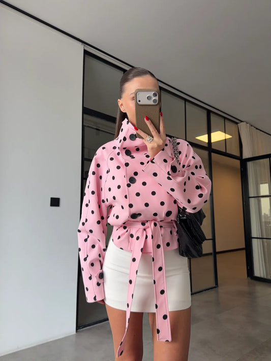 STAND COLLAR POLKA DOT TRENCH COAT