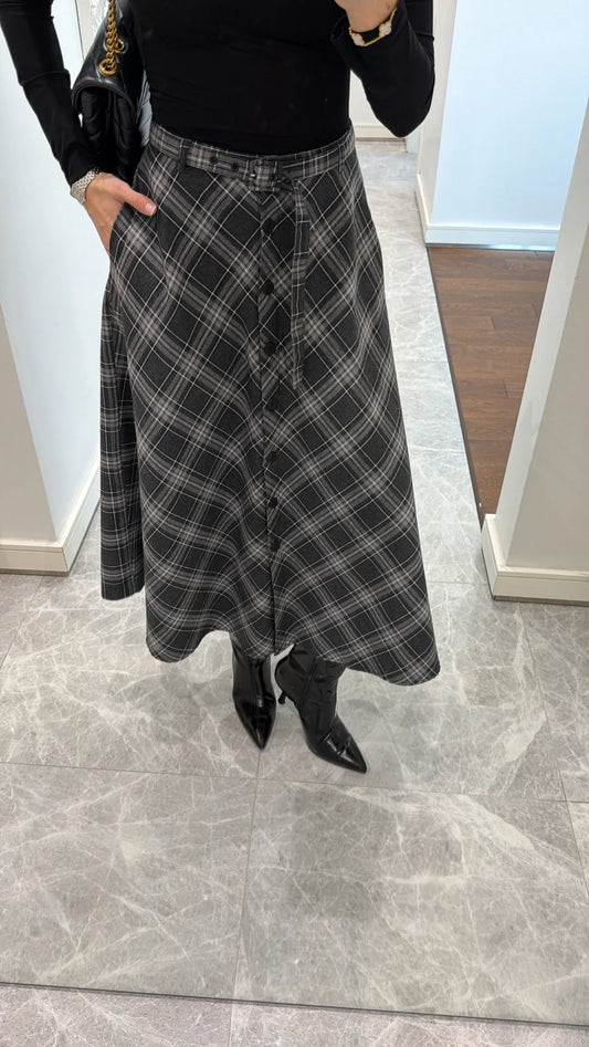 BELTED PLAID SKIRT