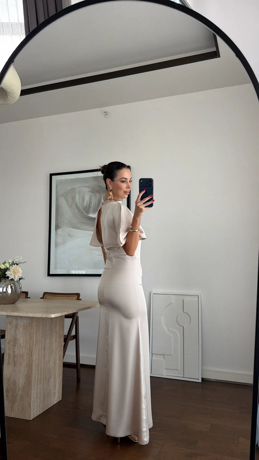 DRAPED LONG SATIN DRESS