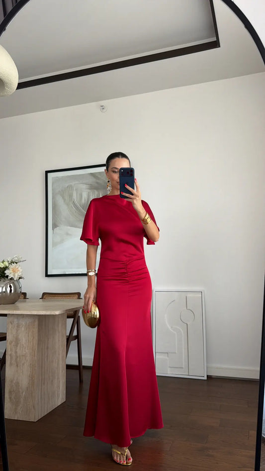 DRAPED LONG SATIN DRESS