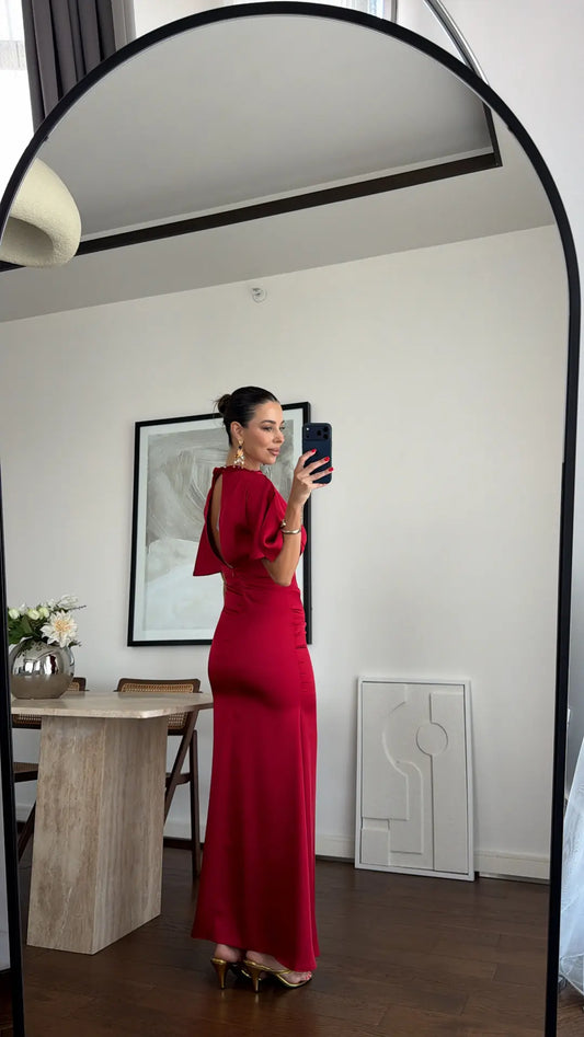DRAPED LONG SATIN DRESS