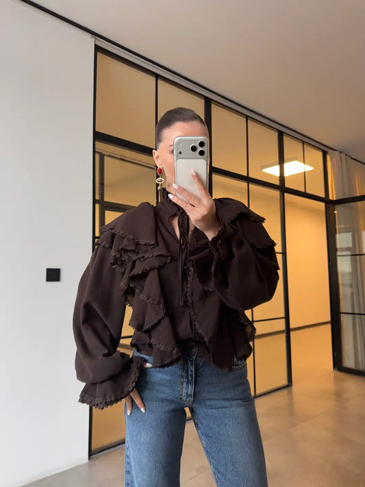 RUFFLED LACE EMBROIDERED BLOUSE
