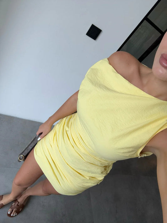 DRAPED ONE-SHOULDER DROP DRESS