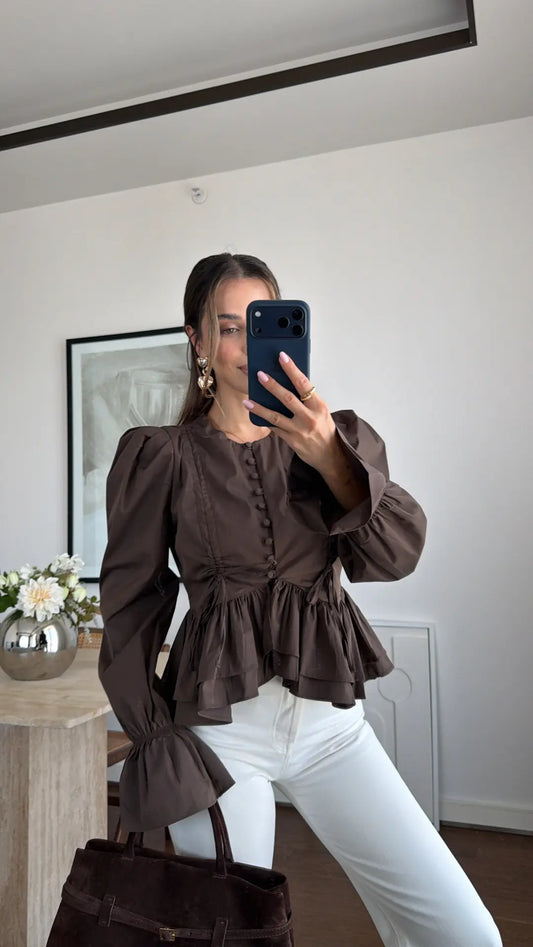 Coffee Pleated Detail Front Lace-up Shirt