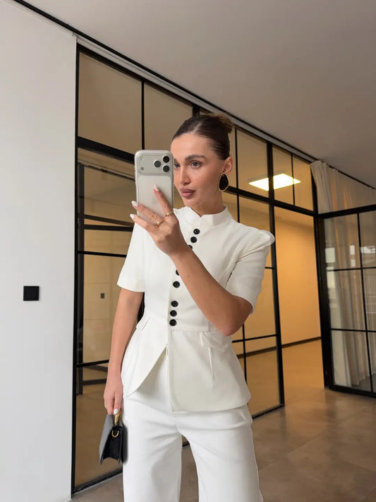 STAND COLLAR WAIST-FITTED SET