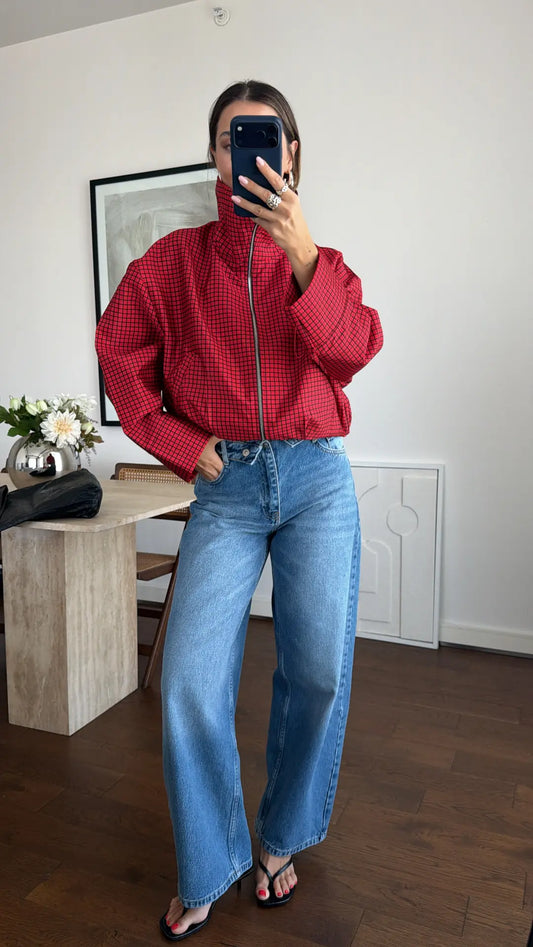 Checked High-Neck Jacket