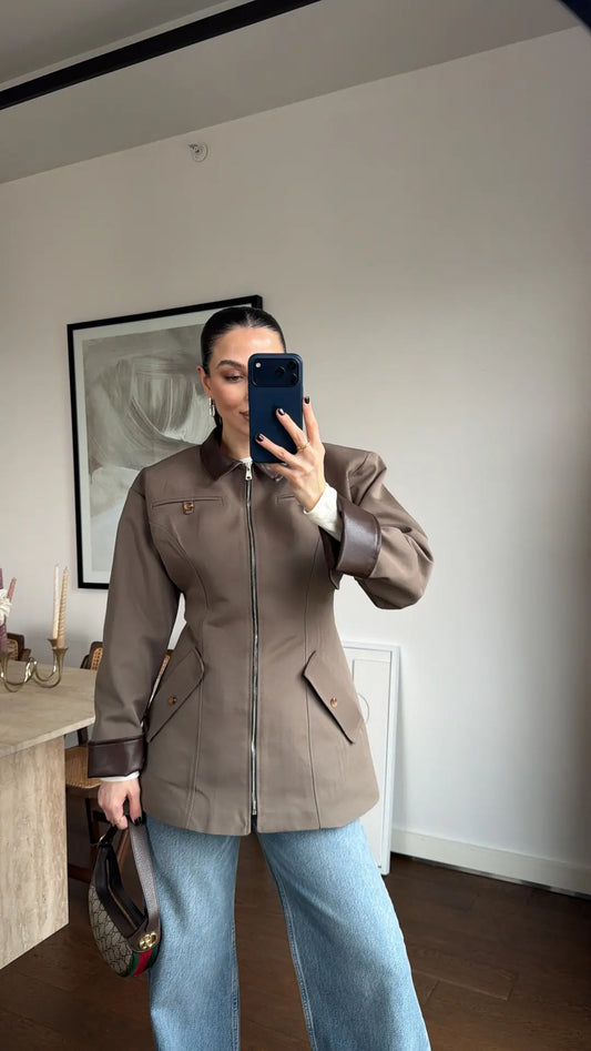 Coffee Beige Zip-Up with Leather Details Jacket