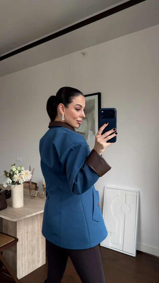 Blue Zip-Up with Leather Details Jacket