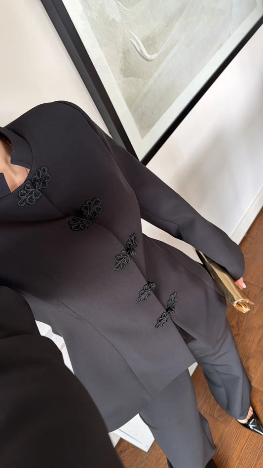 Black Mandarin Collar Two-Piece Set