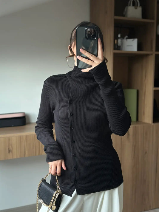 High-Neck Ribbed Knit Top