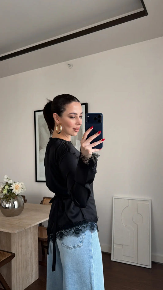 ASYMMETRICALLY DETAILED SATIN BLOUSE