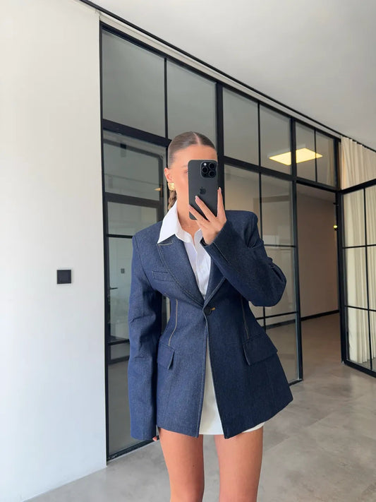 PREMIUM WAISTED DENIM BLAZER JACKET