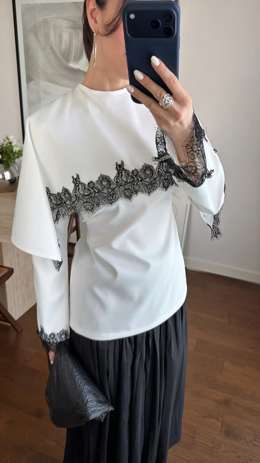 LACE EMBROIDERED CAPE SATIN BLOUSE