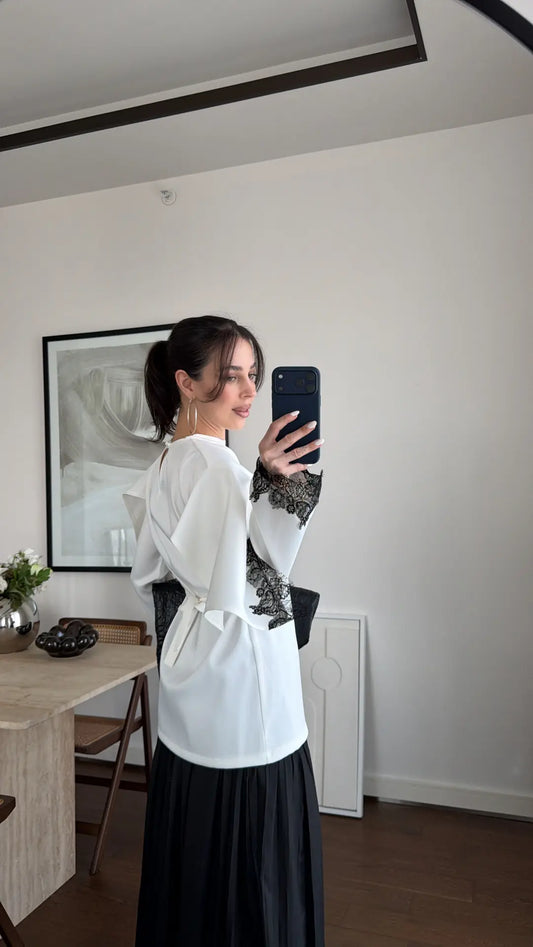 LACE EMBROIDERED CAPE SATIN BLOUSE