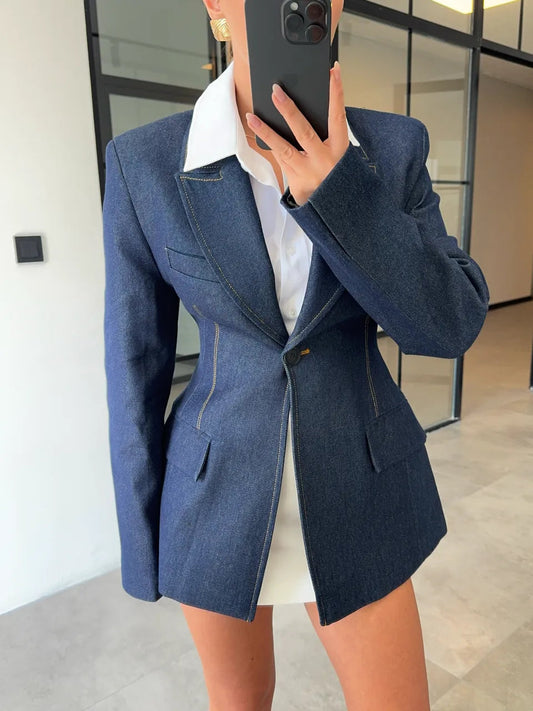 PREMIUM WAISTED DENIM BLAZER JACKET