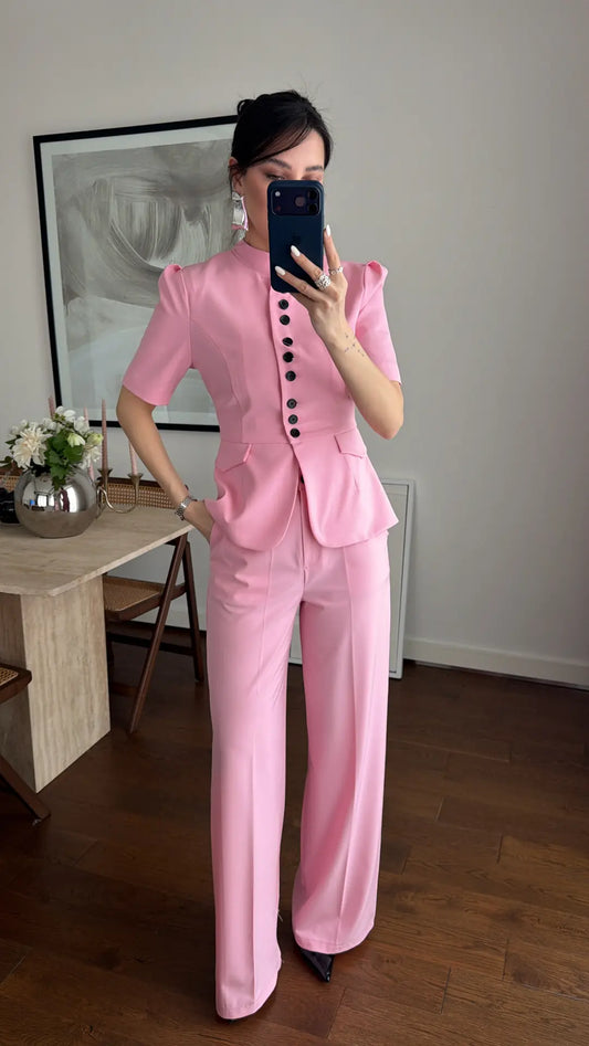 STAND COLLAR WAIST-FITTED SET