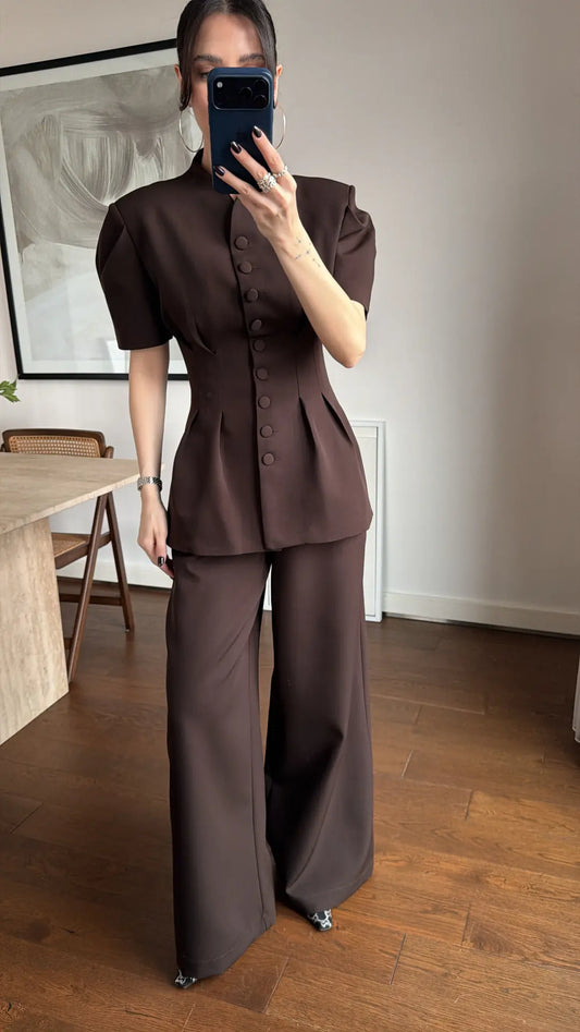 Brown Noir Waist Detail Balloon Sleeve Padded Buttoned Suit