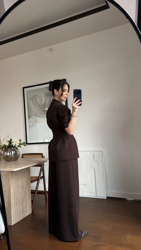 Brown Noir Waist Detail Balloon Sleeve Padded Buttoned Suit