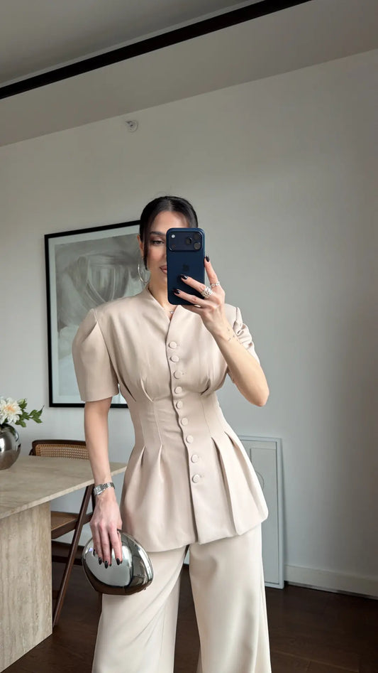 Beige Noir Waist Detail Balloon Sleeve Padded Buttoned Suit