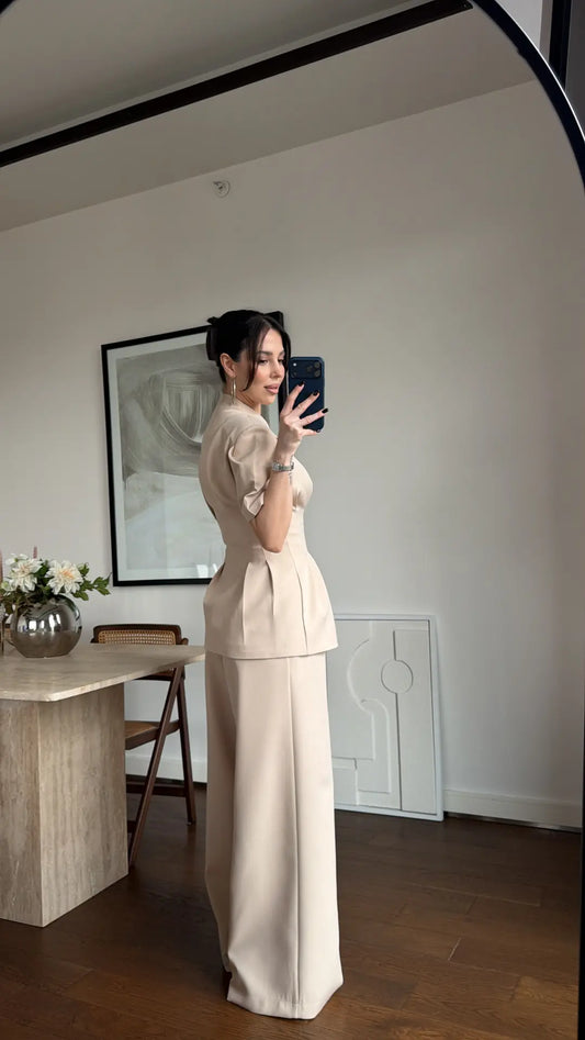Beige Noir Waist Detail Balloon Sleeve Padded Buttoned Suit